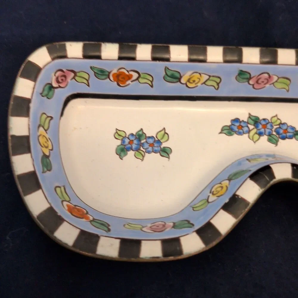 Kelvin Chen 2000 Enamel Copper Eyeglass Tray Dish Holder Checkered/ Blue Floral